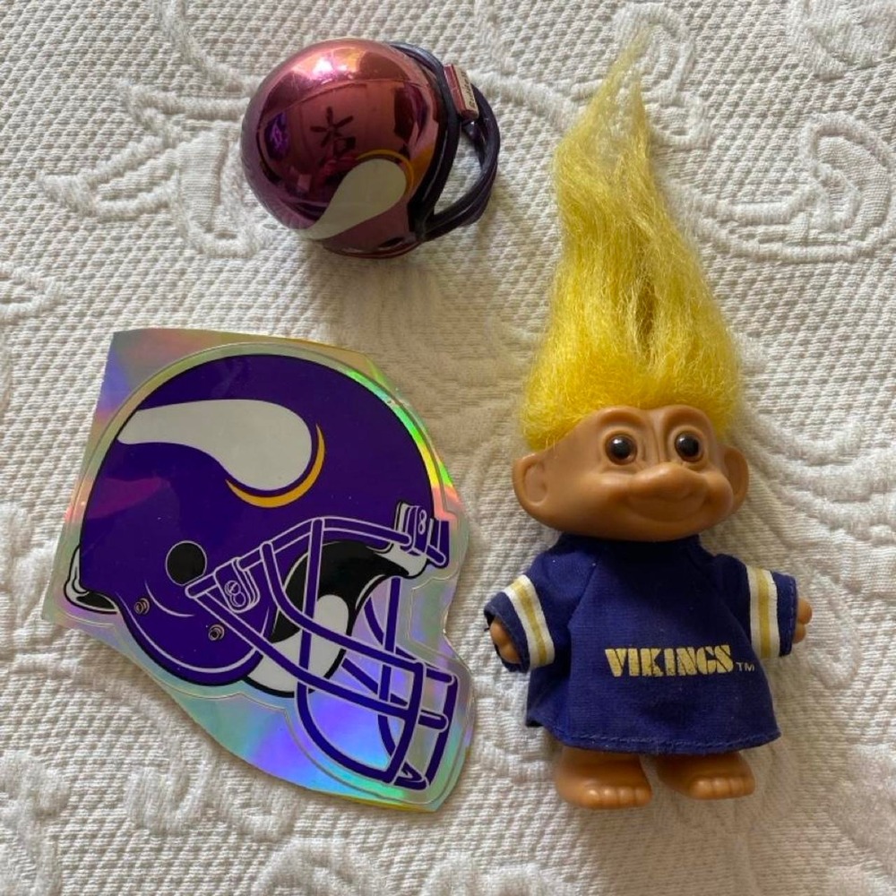 Minnesota Vikings Russ Troll Doll, Riddell Mini Helmet, Holographic Sticker s13